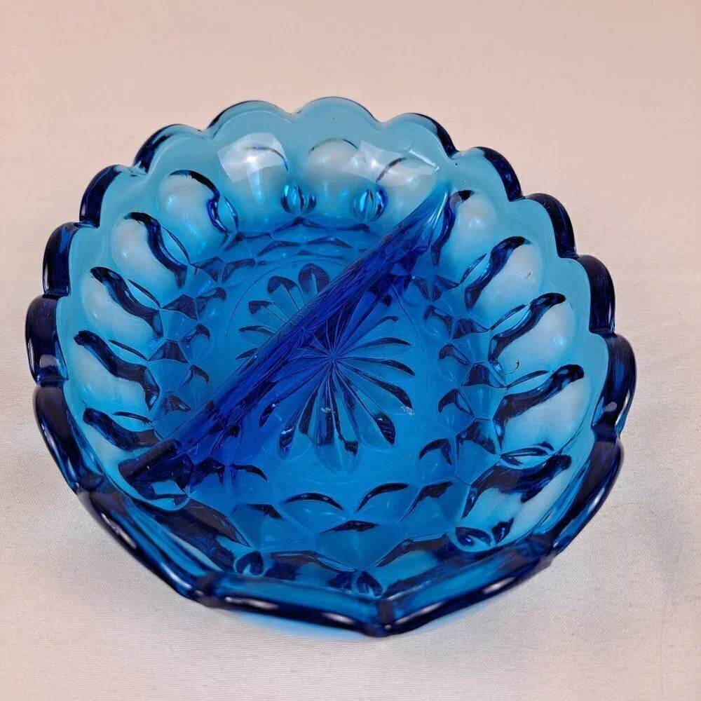 Oval Shaped Blue Glass Divided Trinket Dish Scalloped Edges Vintage